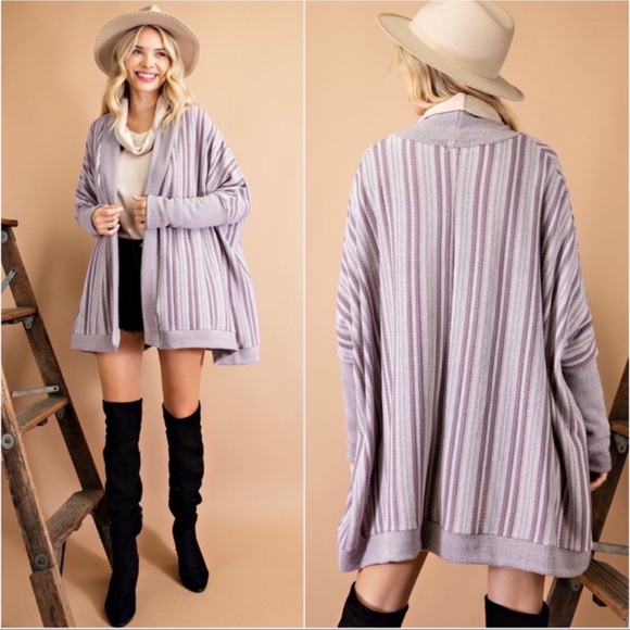 1 LEFT! USA MADE Dusty Plum Striped Oversized Open Front Fall Cardigan - Picture 2 of 3